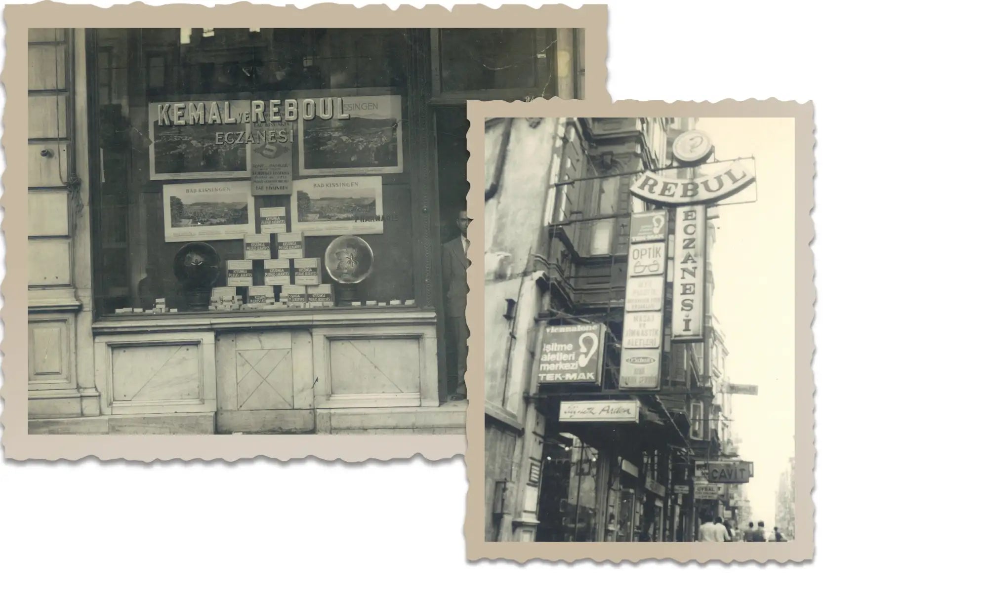 Fotografii vintage alb-negru ale unei vitrine istorice cu numele „kemal rebul” și semnalizările asociate, inclusiv un semn vertical ornate pentru „rebul eczanesi” pe o stradă îngustă.